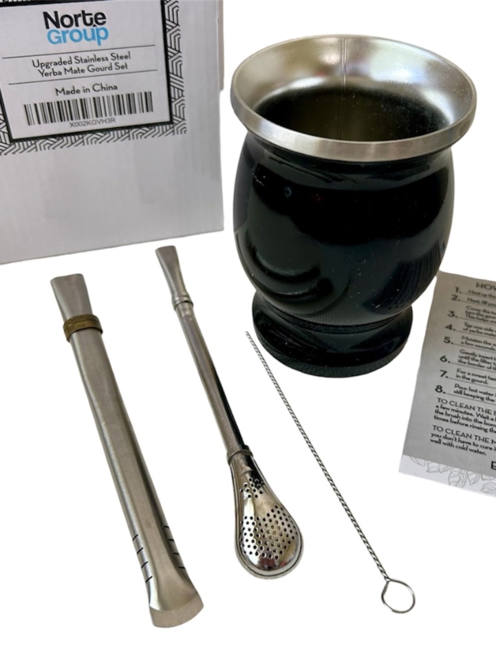 Norte Yerba Mate Gourd Set - Black Cup - 2 Bombillas - Brush - Stainless Steel